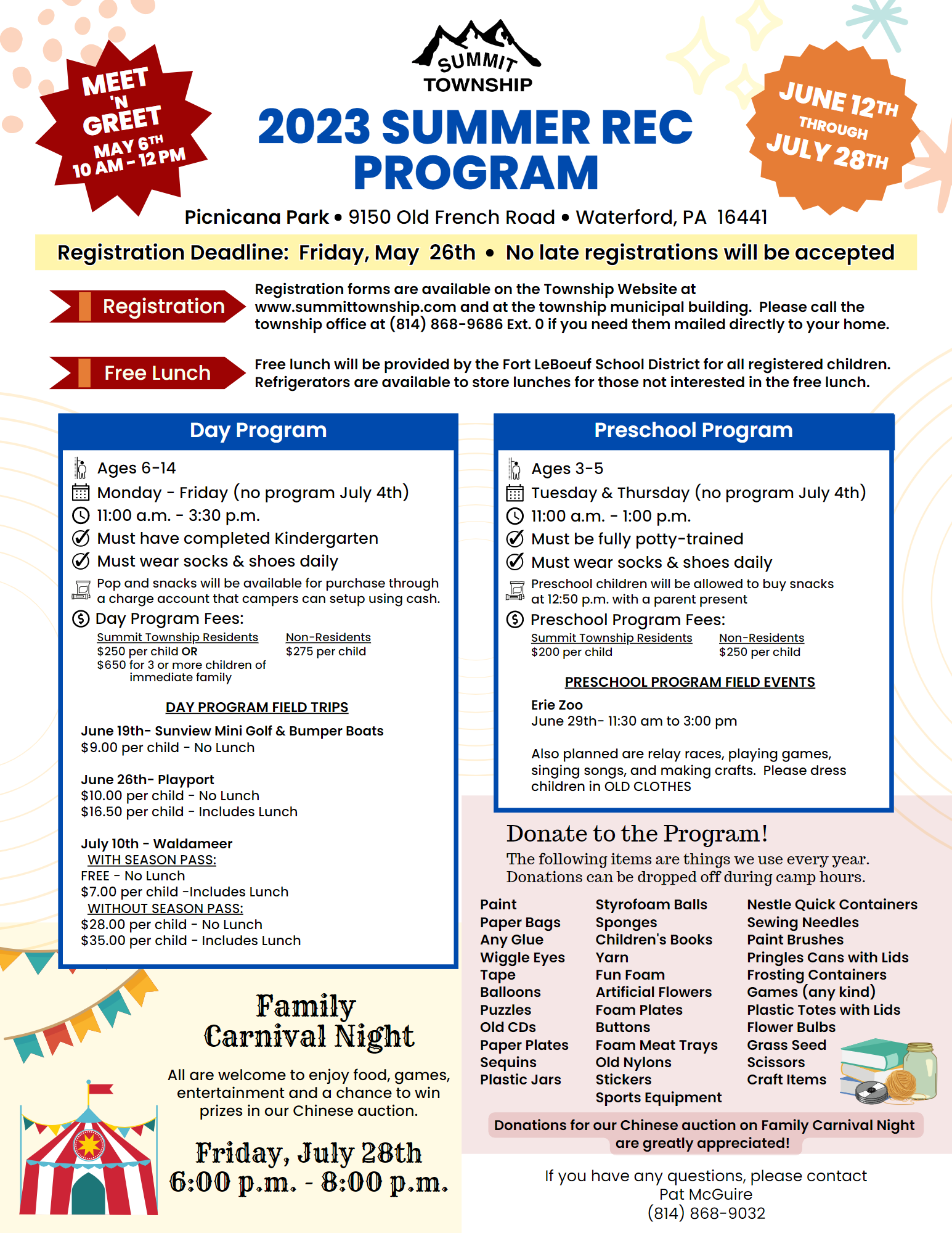 Summer Recreation Program – Summit Township, Erie County, PA